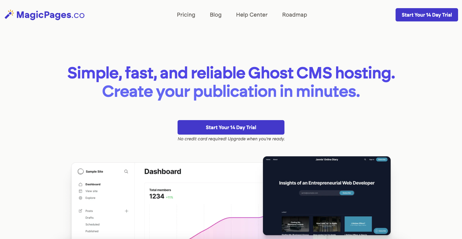 MagicPages homepage the easiest Ghost hosting options available today